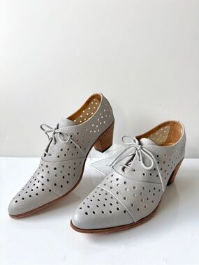 John Fluevog Immortal Perfection Audrey Grey Leather Perforated Heeled Oxfords
